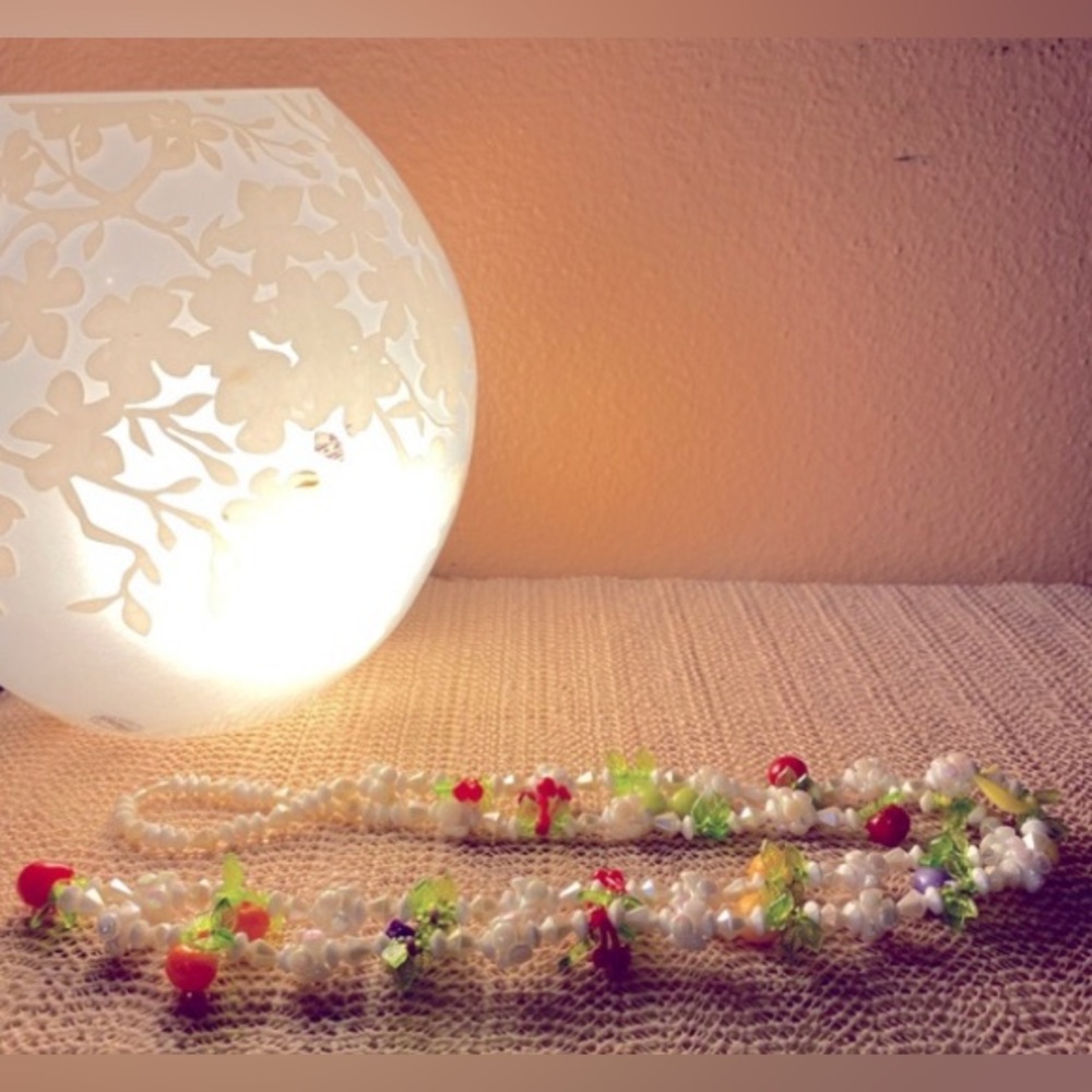 Vintage lucite fruit long strand necklace with white beads